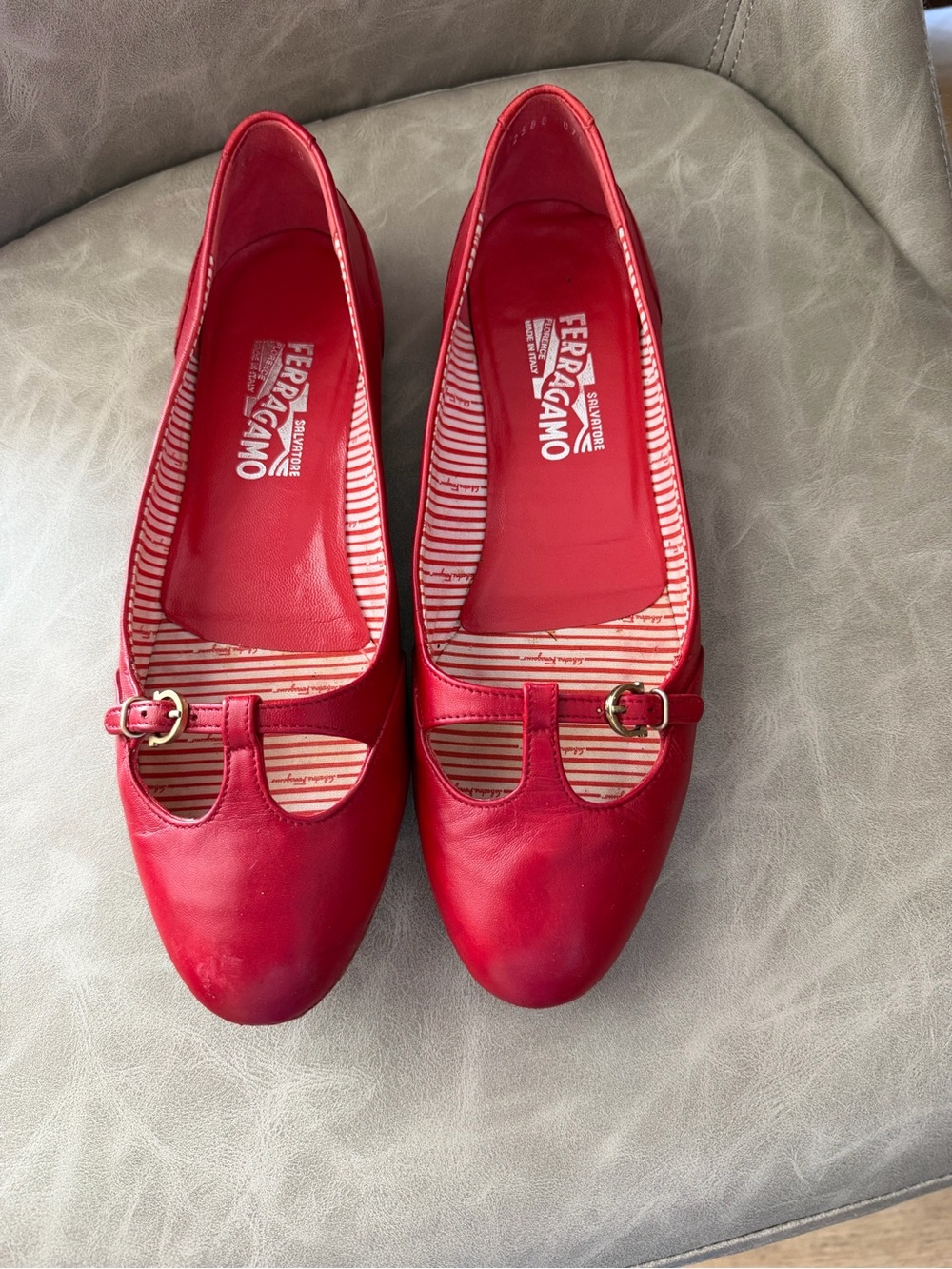 Salvatore Ferragamo Red Leather Mary Jane Ballet Flats